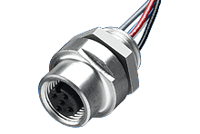 <strong>1200700114 – 8R4A00A18A120</strong><br/><span style="color : #000000 ;">Micro-Change (M12) Front Panel Mount Receptacle, 4 Poles, 1/4″ – 18 NPT Threads, Female (Straight) to 22 AWG PVC Leads, 0.305m (1.0′) Length</span>