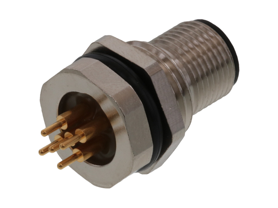 <strong>1200700235 – 8R5J460003</strong><br/><span style="color : #000000 ;">Micro-Change (M12) Receptacle, 5 Poles, M16x1.5 Mounting Threads, PCB Pin</span>