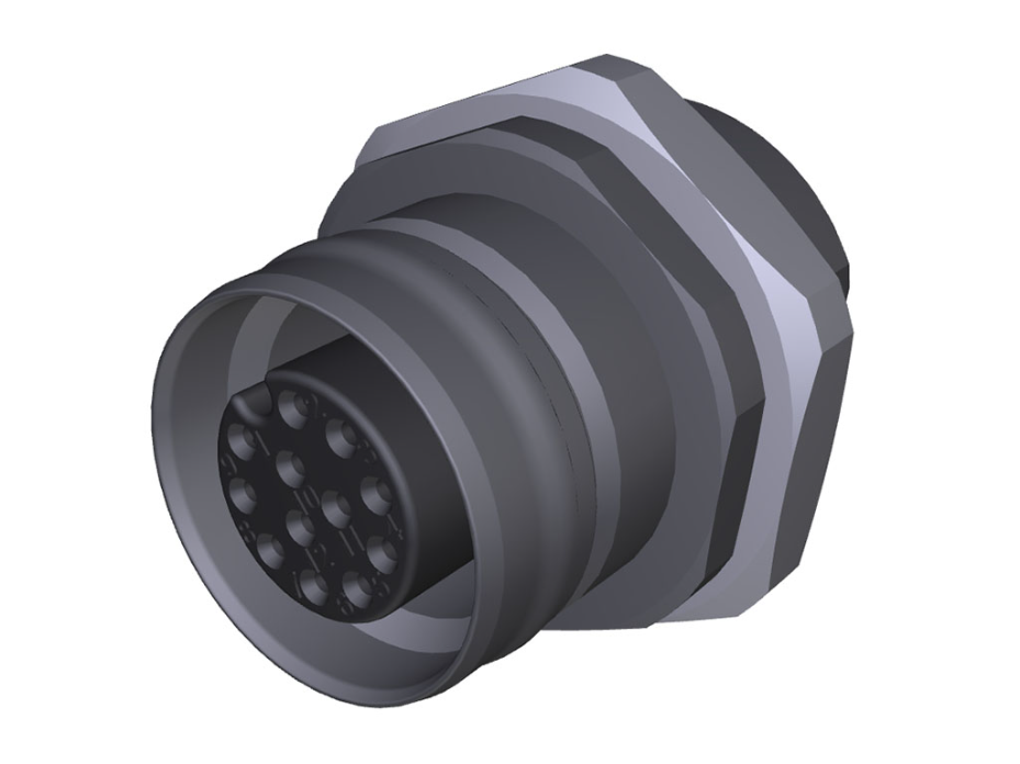 <strong>1204040029 – YRCU20000</strong><br/><span style="color : #000000 ;">Ultra-Lock 2.0 (M12) Receptacle, 12 Poles, Female (Straight), A-Coded, Front Panel Mount, M16 Mounting Threads, PCB Pins</span>