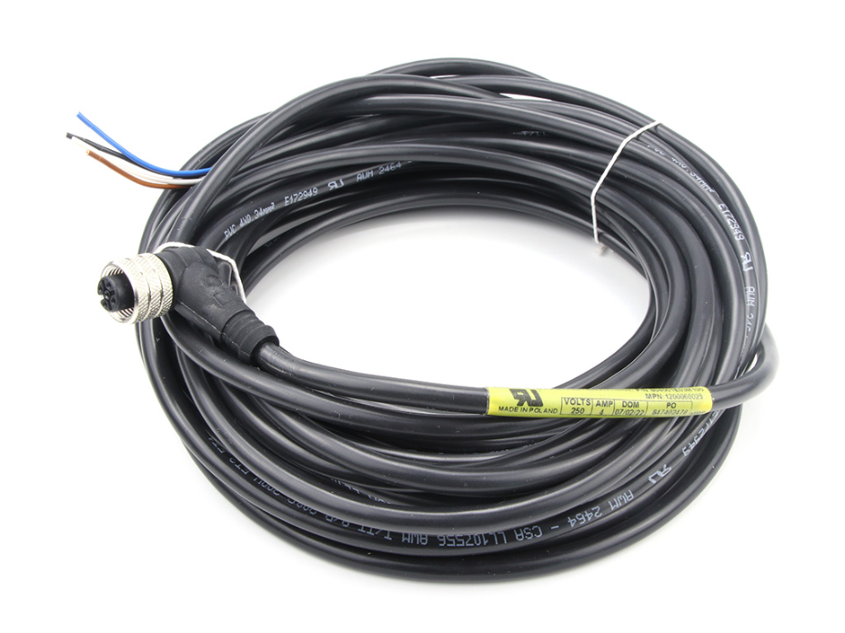 Micro-Change (M12) Single-Ended Cordset, 4 Poles, Female (90°) to Pigtail, 0.34mm² Black PVC Cable, 10.0m (32.81') Length