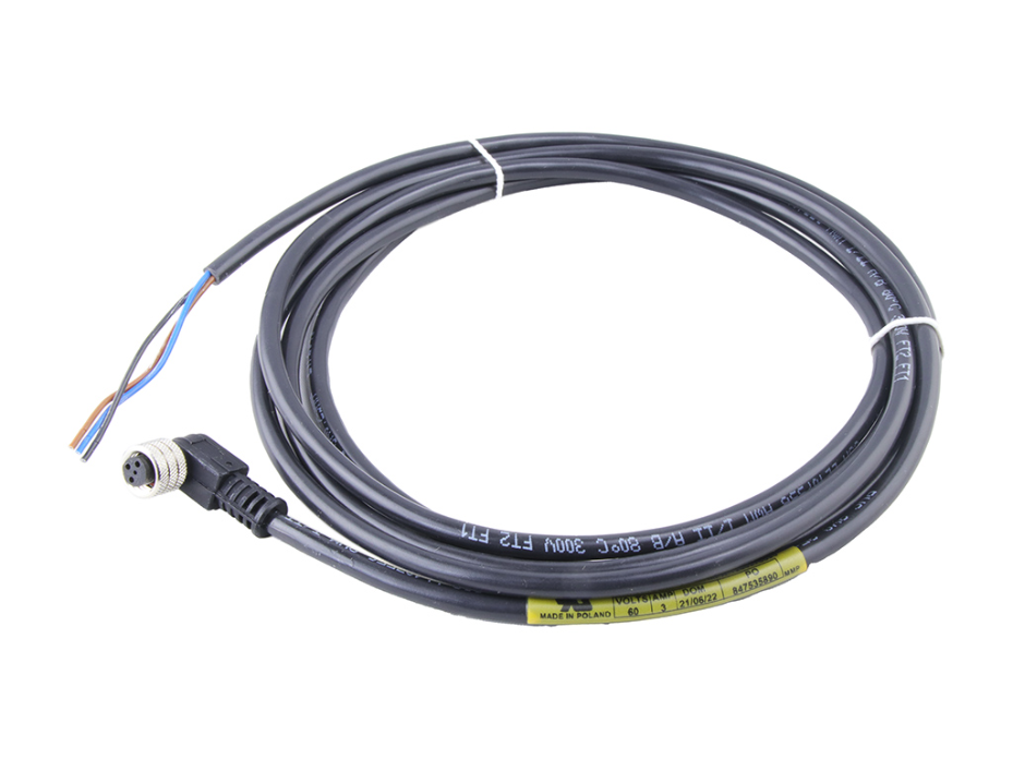 Nano-Change (M8) Single-Ended Cordset with Knurled Hexnut, 3 Poles, A-Coded, Female (90°) to Pigtail, 0.25mm² Black PVC Cable, 2.0m (6.56') Length