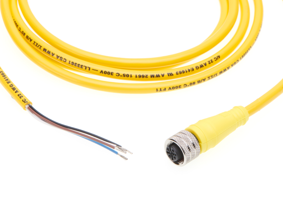 Micro-Change (M12) Single-Ended Cordset, 4 Poles, Female (Straight) to Pigtail, 22 AWG, Yellow PVC Cable, 2.0m (6.56') Length