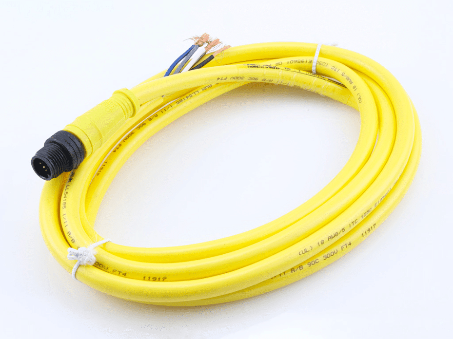 Micro-Change (M12) Single-Ended Cordset, 5 Poles, Male (Straight) to Pigtail, 18 AWG, Yellow TPE Cable, 2.0m (6.56') Length
