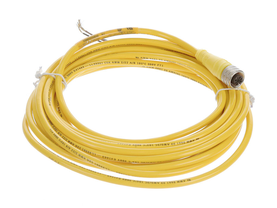 Micro-Change (M12) Single-Ended Cordset with Knurled Hexnut, 5 Poles, Female (Straight) to Pigtail, 22 AWG, Yellow TPU WSOR Cable, Yellow Overmold, 5.0m (16.40') Length
