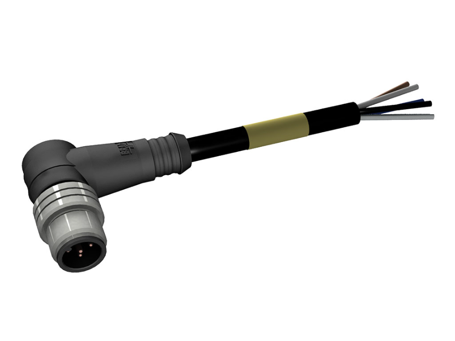 Micro-Change (M12) Single-Ended Cordset, 5 Poles, Male (90°) to Pigtail, 0.34mm² PVC Cable, 20.0m (65.62') Length