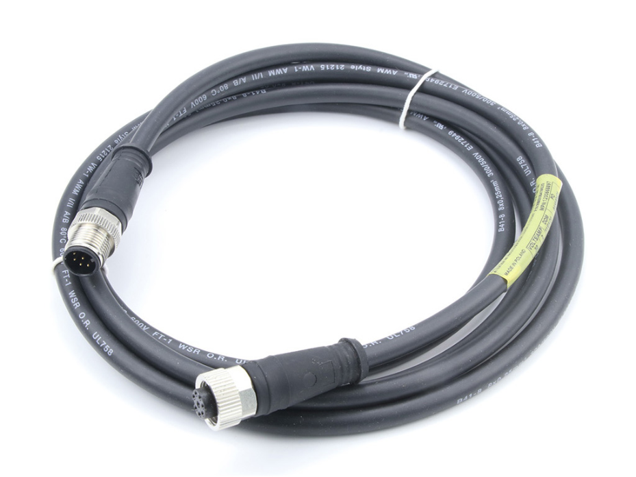 Micro-Change (M12) Double-Ended Cordset with Knurled Hexnut, 8 Poles, Male (Straight) to Female (Straight), 24 AWG, Black TPU WSOR Cable, 5.0m (16.40') Length