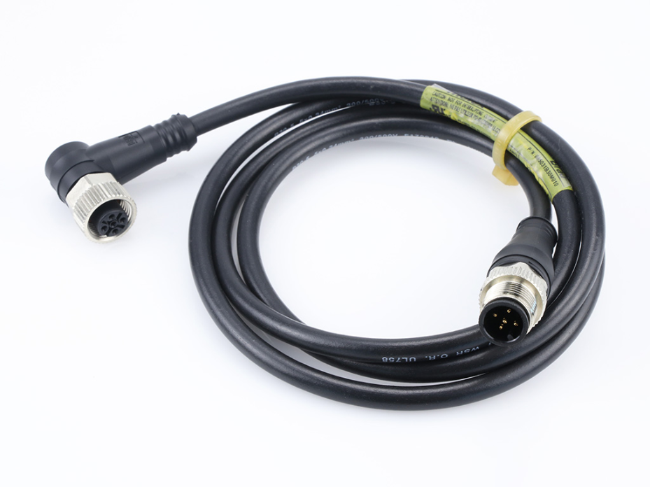 Micro-Change (M12) Double-Ended Cordset with Knurled Hexnut, 5 Poles, Male (Straight) to Female (90°), 22 AWG, Black TPU WSOR Cable, 2.0m (6.56') Length