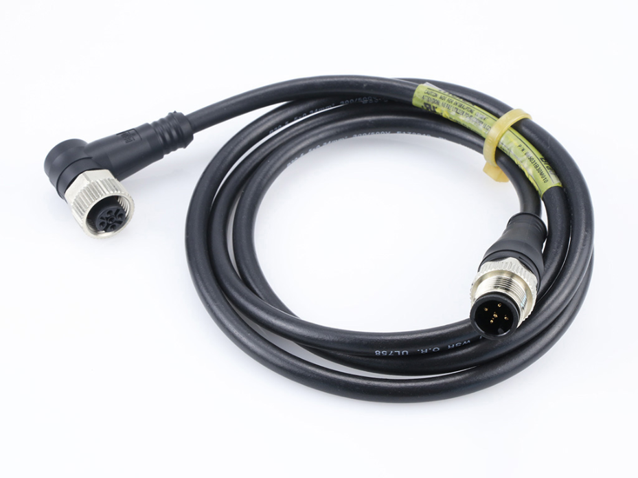 Micro-Change (M12) Double-Ended Cordset with Knurled Hexnut, 5 Poles, Male (Straight) to Female (90°), 22 AWG, Black TPU WSOR Cable, 10.0m (32.81') Length