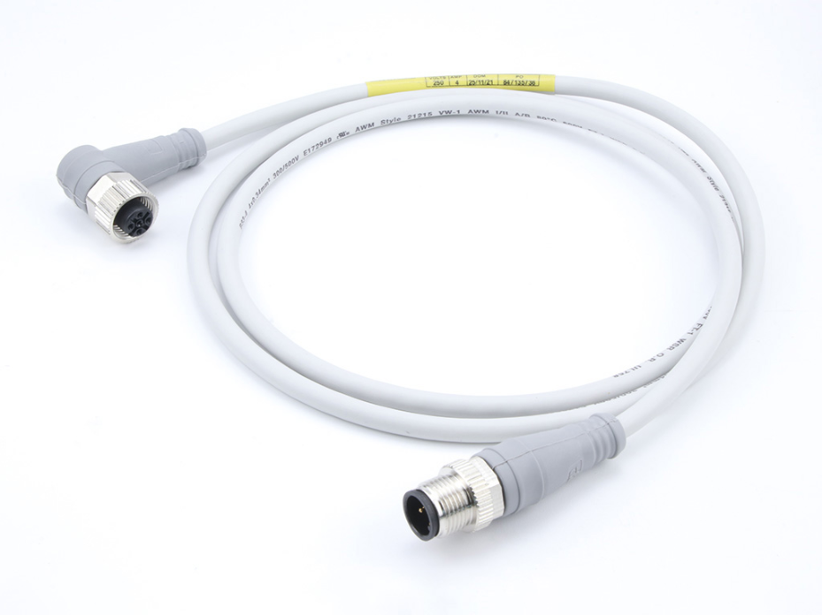 Micro-Change (M12) Double-Ended Cordset with Knurled Hexnut, 4 Poles, Male (Straight) to Female (90°), 22 AWG, Gray TPU WSOR Cable, Gray Overmold, 2.0m (6.56') Length