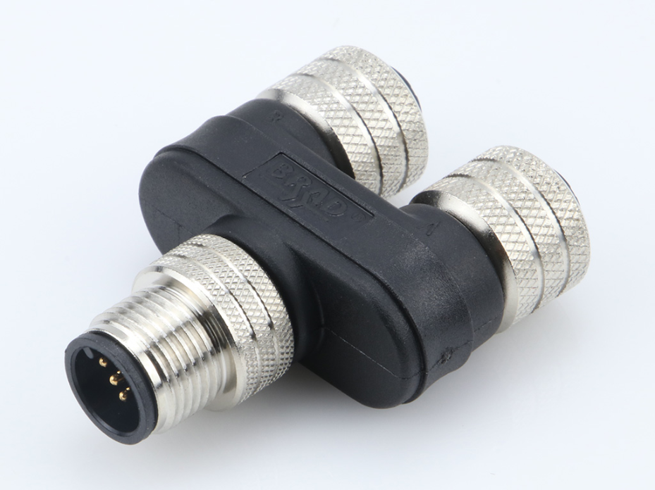Micro-Change (M12) Solid Body Splitter, 1 x 5-Pole Male to 2 x 5-Pole Females, Black Overmold