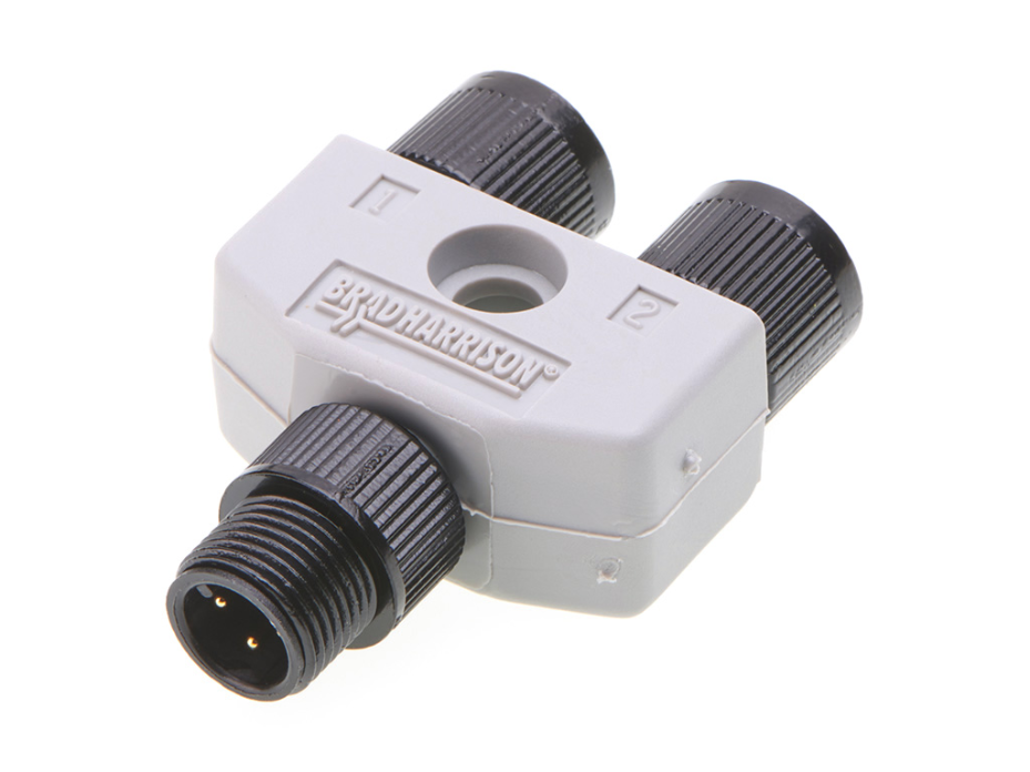 Micro-Change (M12) Solid Body Splitter, 1 x 4-Pole Male to 2 x 4-Pole Females, Grey TPE Overmold