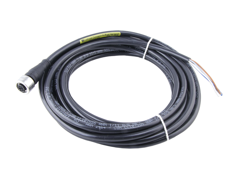 Ultra-Lock (M12) Single-Ended Cordset, 5 Poles, A-Coded, Female (Straight) to Pigtail, 22 AWG, Black PVC Cable, 5.0m (16.40') Length
