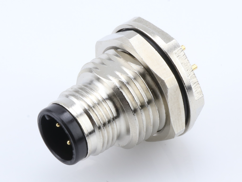 Ultra-Lock (M12) Receptacle, Male, 4 Poles, M16x1.5 Mounting Threads, PCB Pins, 5.00mm stand-off