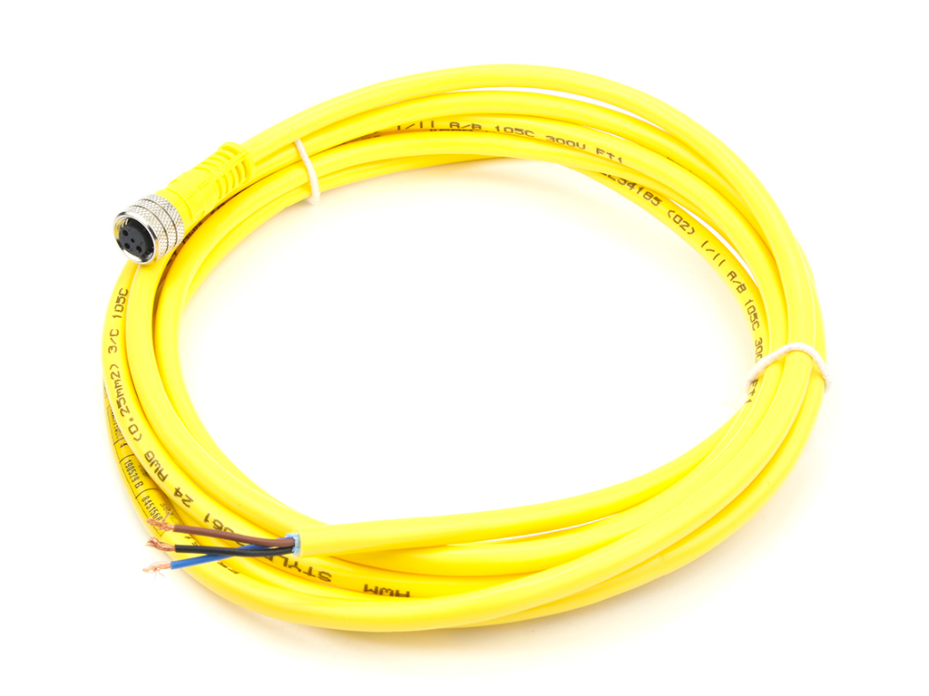 Nano-Change (M8) Single-Ended Cordset, 3 Poles, A-Coded, Female (Straight) to Pigtail, 24 AWG, Yellow PVC Cable, 2.0m (6.56') Length