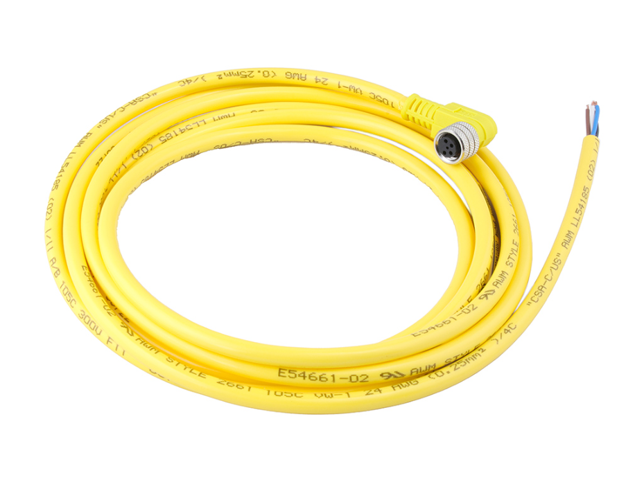 Nano-Change (M8) Single-Ended Cordset, 4 Poles, A-Coded, Female (90°) to Pigtail, 24 AWG, Yellow PVC Cable, 2.0m (6.56') Length
