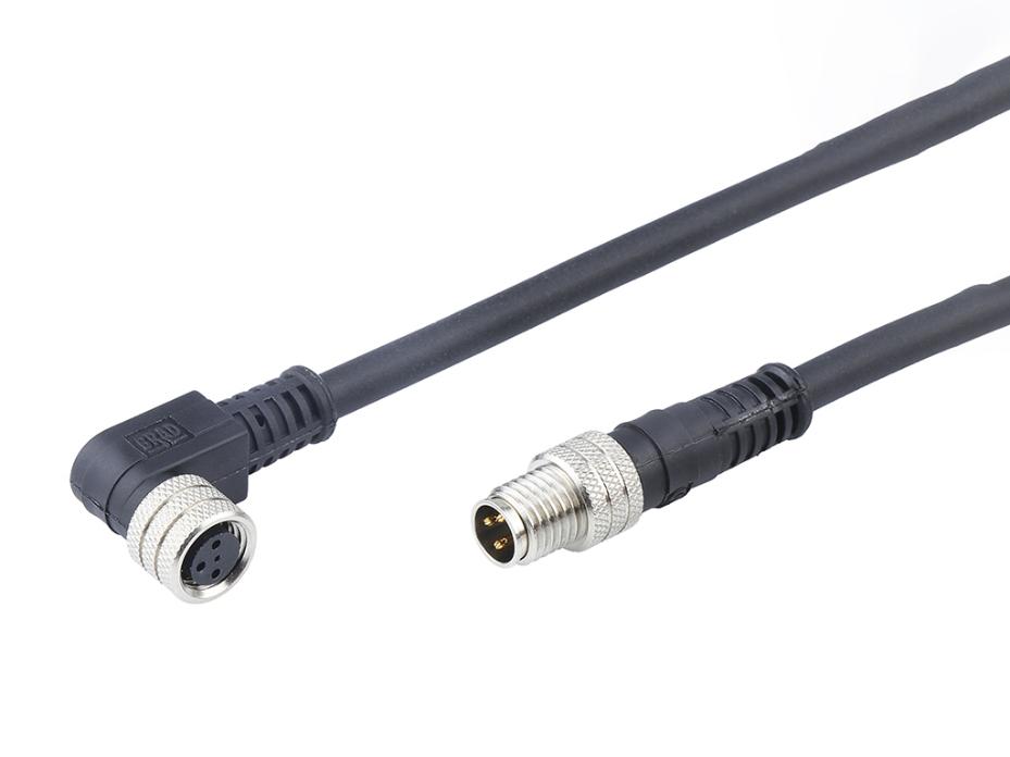 Nano-Change (M8) Double-Ended Cordset, 3 Poles, Female (90°) to Male (Straight), 24 AWG, PUR/VPC Cable, 1.0m (3.28') Length, PUR Cable Preferred Version in Europe