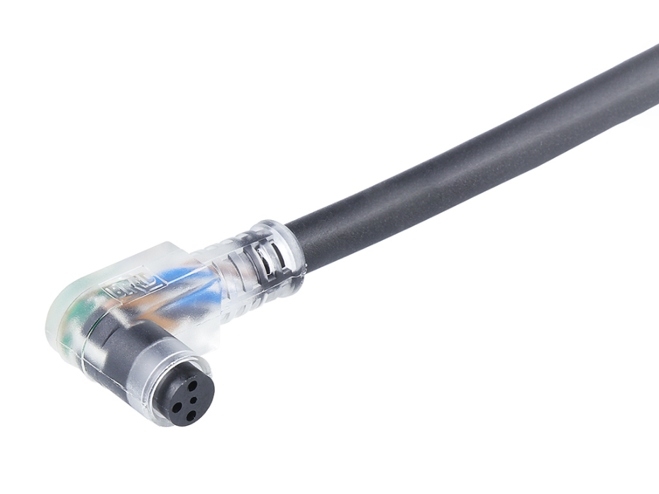 Nano-Change (M8) Single-Ended Cordset, 3 Poles, Female (90°) with Snap Coupling to Pigtail, with PNP LED Sensors, 24 AWG, PUR/PVC Cable, 5.0m (16.40') Length