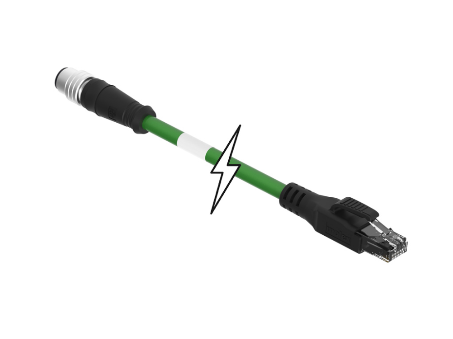 Micro-Change (M12) to RJ-45 Double-Ended Cordset, 4 Poles, D-Coded, Male (Straight) to Male RJ-45, 22 AWG, Shielded PUR Cable, 30.0m (98.40') Length