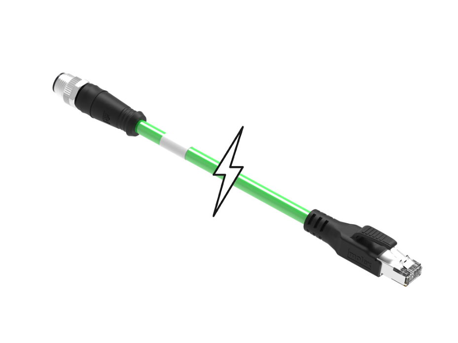 Micro-Change (M12) to Standard RJ-45 Double-Ended Cordset, 4 Poles, D-Coded, Male (Straight) to Male RJ-45 (Straight), 22 AWG, Green Shielded TPU Cat5e Cable, 2.0m (6.56') Length