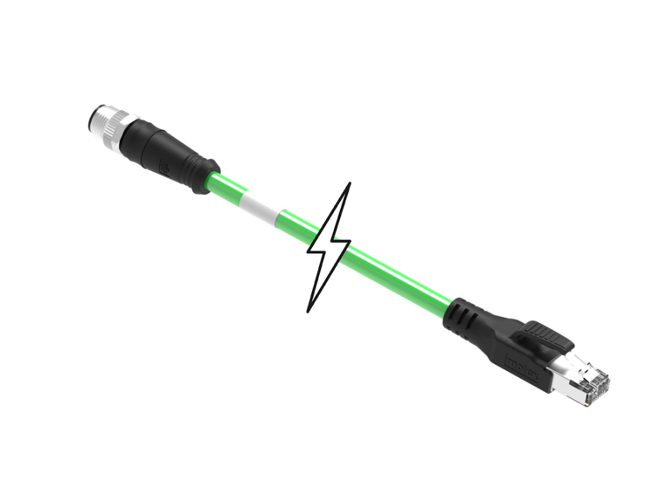 Micro-Change (M12) to Standard RJ-45 Double-Ended Cordset, 4 Poles, D-Coded, Male (Straight) to Male RJ-45 (Straight), 22 AWG, Green Shielded TPU Cat5e Cable, 10.0m (32.81') Length