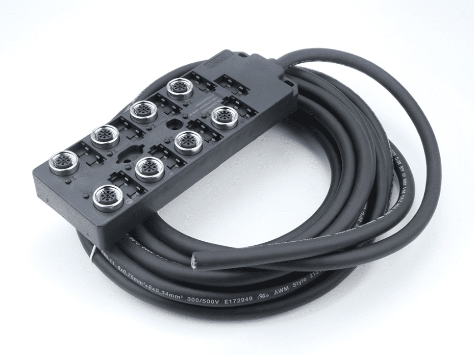 MPIS Micro-Change (M12) Passive Junction Box, Top-Mount, 8 Ports, LED for PNP Sensor, WSOR Cable, 5.0m Length