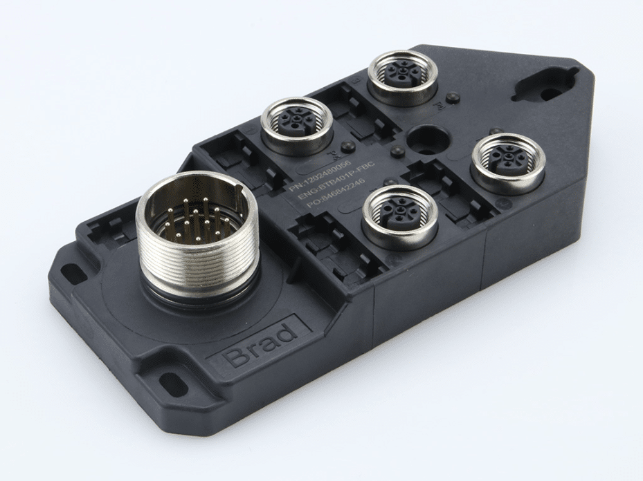 MPIS Micro-Change (M12) Passive Junction Box, Top-Mount, 4 Ports, LED for PNP Sensor, with Integral M23 (12-Pole) Home Run Connector