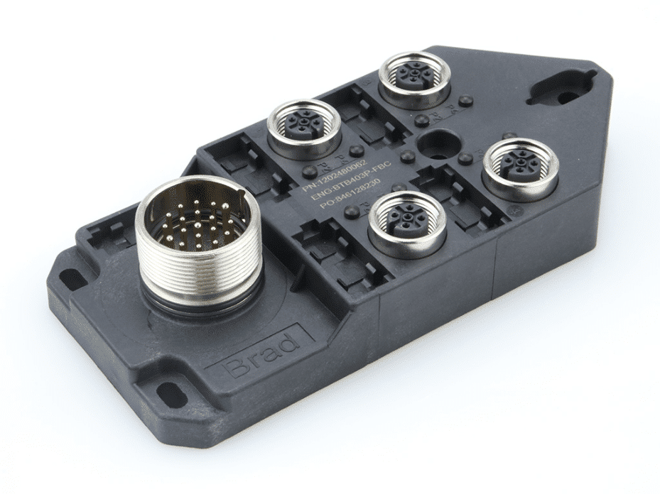 MPIS Micro-Change (M12) Passive Junction Box, Top-Mount, 4 Ports, LEDs for 2 PNP Sensors, 2 (IO) per port, with Integral M23 (19-Pole) Home Run  Connector