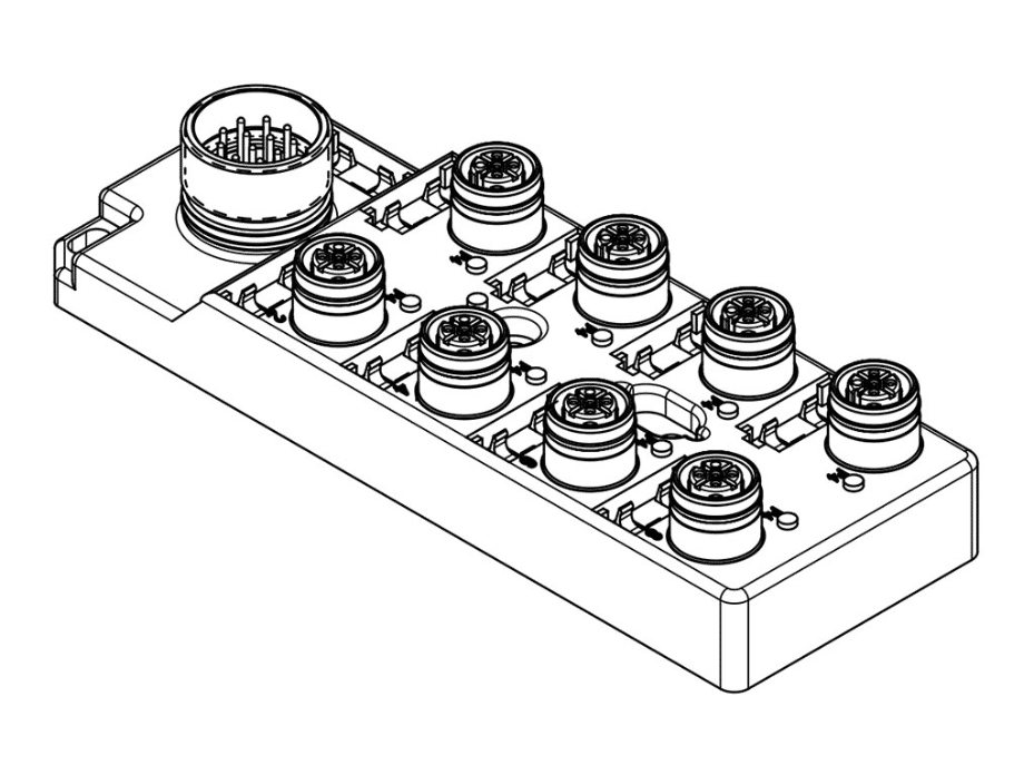 MPIS Ultra-Lock (M12) Passive Junction Box, Top-Mount, 8 Ports / 4 Poles, PNP Sensor LED Indicators, with Integral M23 (12-Pole) Home Run Connector, Single IO Per Port