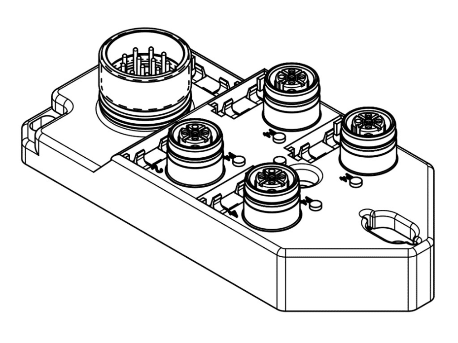 MPIS Ultra-Lock (M12) Passive Junction Box, Top-Mount, 4 Ports / 4 Poles, No LEDs, with Integral M23 (12-Pole) Home Run Connector, Single IO Per Port