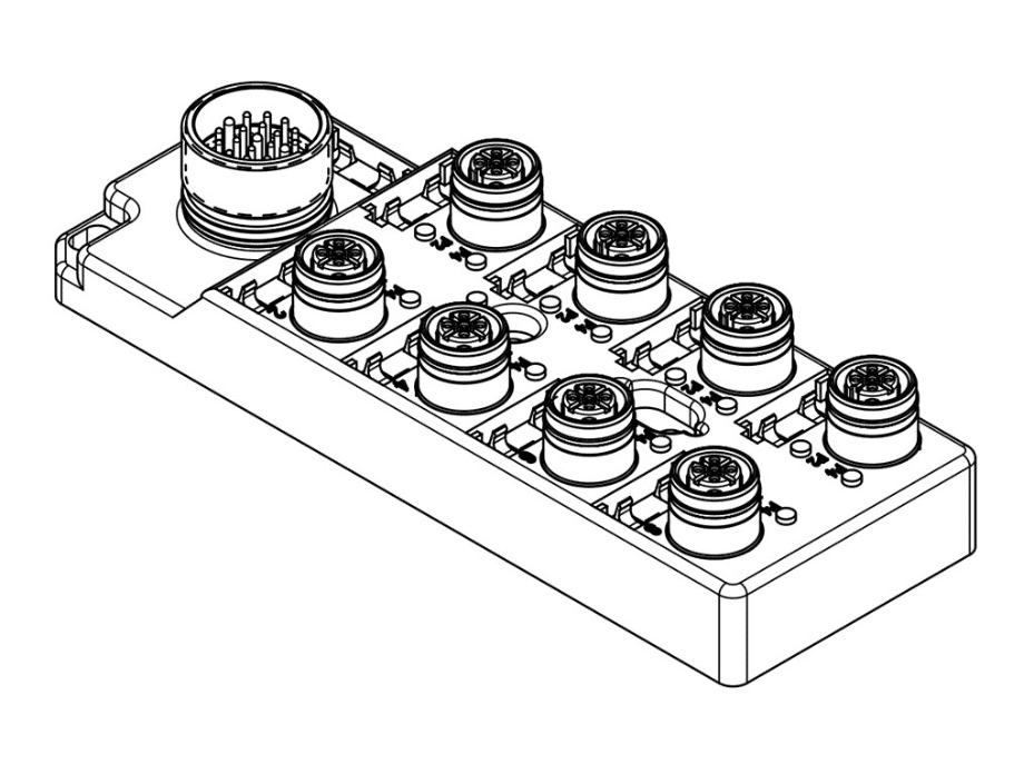 MPIS Ultra-Lock (M12) Passive Junction Box, Top-Mount, 8 Ports / 5 Poles, PNP Sensor LED Indicators, with Integral M23 (12-Pole) Home Run Connector, Dual IO Per Port
