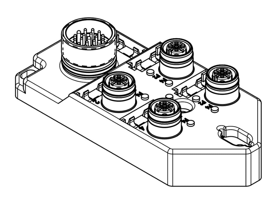 MPIS Ultra-Lock (M12) Passive Junction Box, Top-Mount, 4 Ports / 5 Poles, No LEDs, with Integral M23 (12-Pole) Home Run Connector, Dual IO Per Port