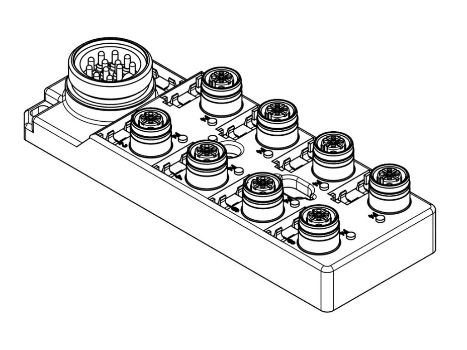 MPIS Ultra-Lock (M12) Passive Junction Box, Top-Mount, 8 Ports / 4 Poles, PNP Sensor LED Indicators, with Integral Mini-Change (12-Pole) Home Run Connector, Single IO Per Port
