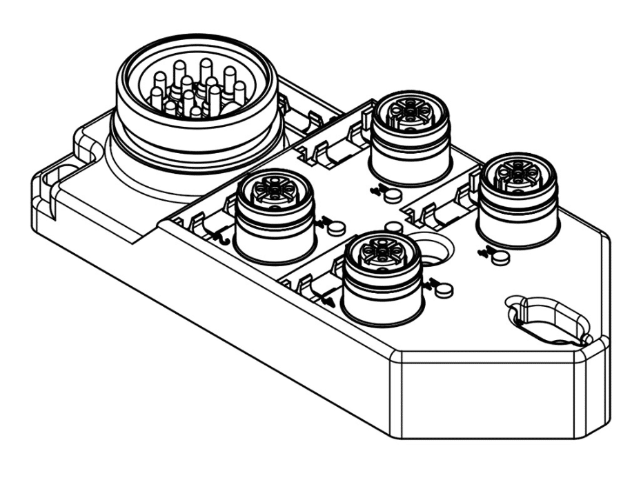 MPIS Ultra-Lock (M12) Passive Junction Box, Top-Mount, 4 Ports / 4 Poles, No LEDs, with Integral Mini-Change (12-Pole) Home Run Connector, Single IO Per Port