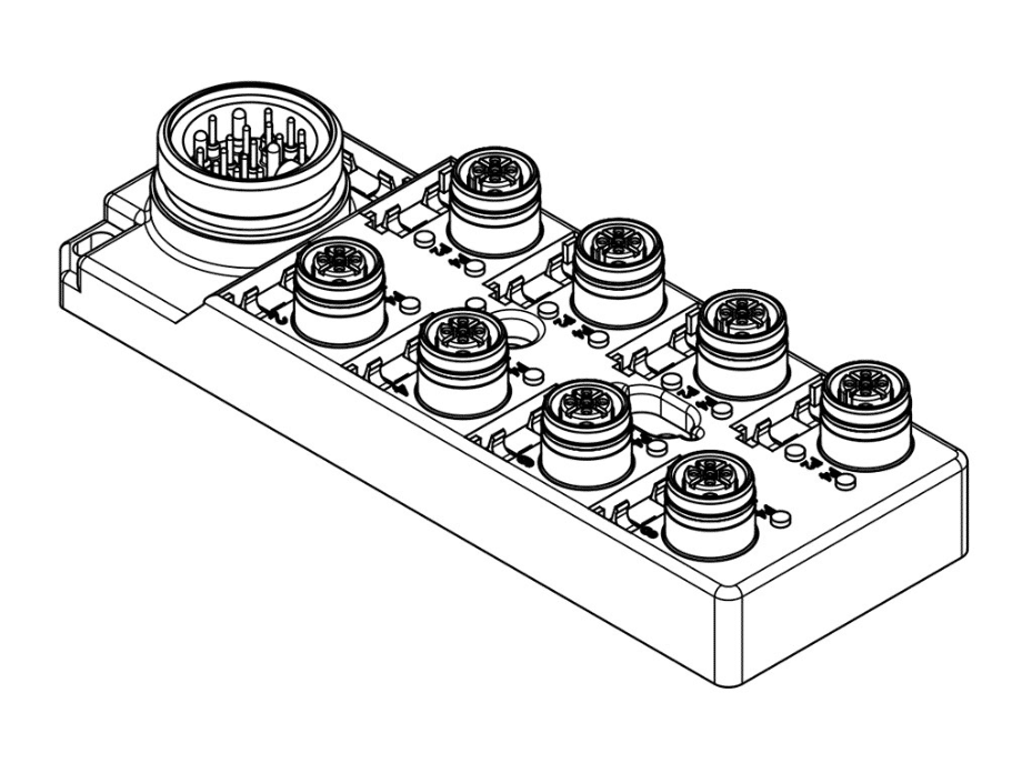 MPIS Ultra-Lock (M12) Passive Junction Box, Top-Mount, 8 Ports / 5 Poles, PNP Sensor LED Indicators, with Integral Mini-Change (12-Pole) Home Run Connector, Dual IO Per Port