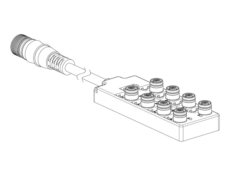 MPIS Ultra-Lock (M12) Passive Junction Box, Top-Mount, 8 Ports / 4 Poles, PNP Sensor LED Indicators, 0.3m Cable with M23 (12-Pole) Home Run  Connector, Single IO Per Port