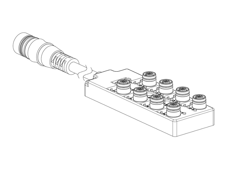MPIS Ultra-Lock (M12) Passive Junction Box, Top-Mount, 8 Ports / 5 Poles, PNP Sensor LED Indicators, 0.3m Cable with M23 (12-Pole) Home Run  Connector, Dual IO Per Port