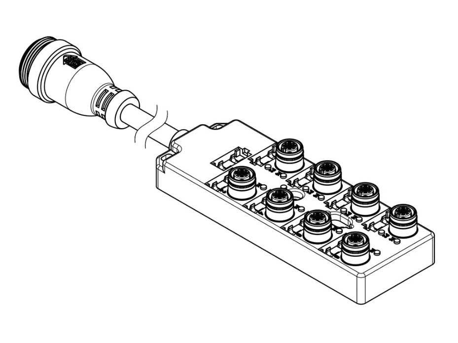 MPIS Ultra-Lock (M12) Passive Junction Box, Top-Mount, 8 Ports / 5 Poles, PNP Sensor LED Indicators, 0.3m Cable with Mini-Change (19-Pole) Home Run Connector, Dual IO Per Port
