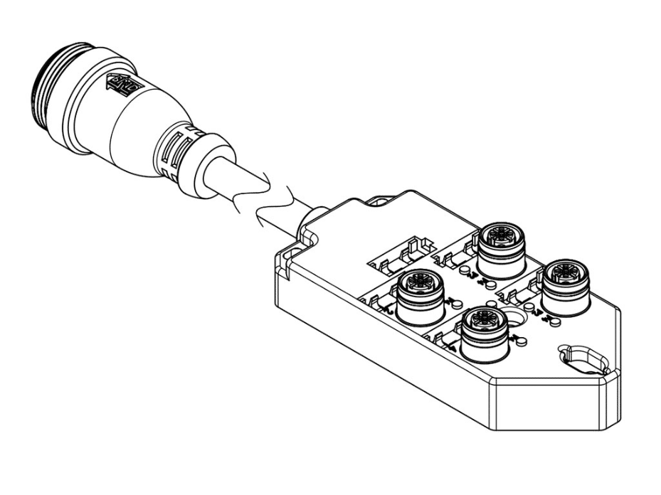 MPIS Ultra-Lock (M12) Passive Junction Box, Top-Mount, 4 Ports / 5 Poles, No LEDs, 0.3m Cable with Mini-Change (19-Pole) Home Run Connector, Dual IO Per Port