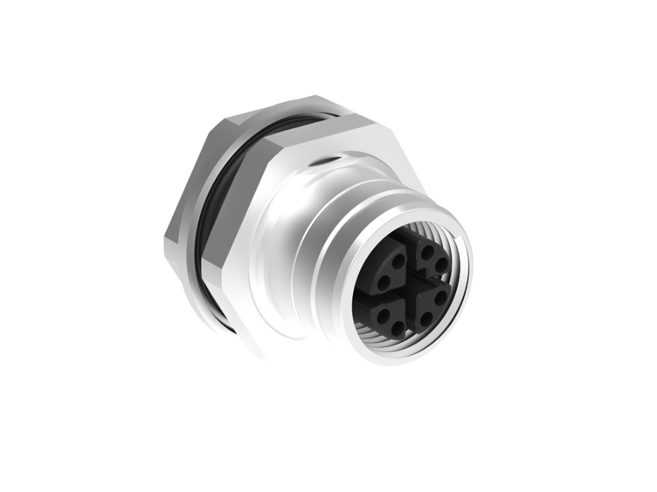 Micro-Change (M12) CAT6A Back Panel-Mount Receptacle, 8 Poles, X-Coded, Female (Straight), 0.0185m (.728") Length