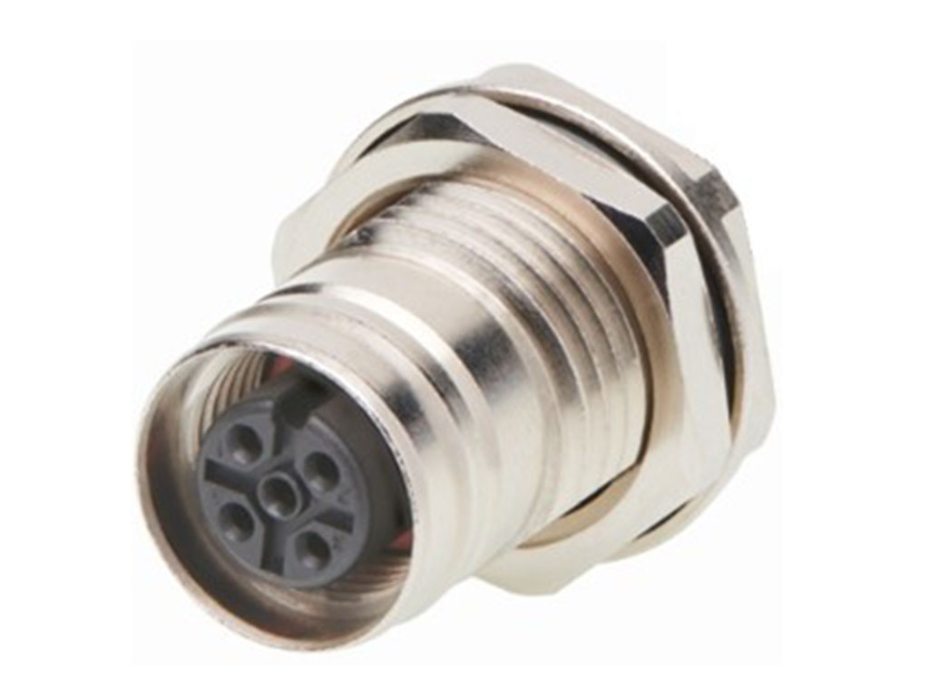Ultra-Lock 2.0 (M12) Receptacle, 4 Poles, Female (Straight), A-Coded, Back Panel Mount, M16 Mounting Threads, PCB Pins
