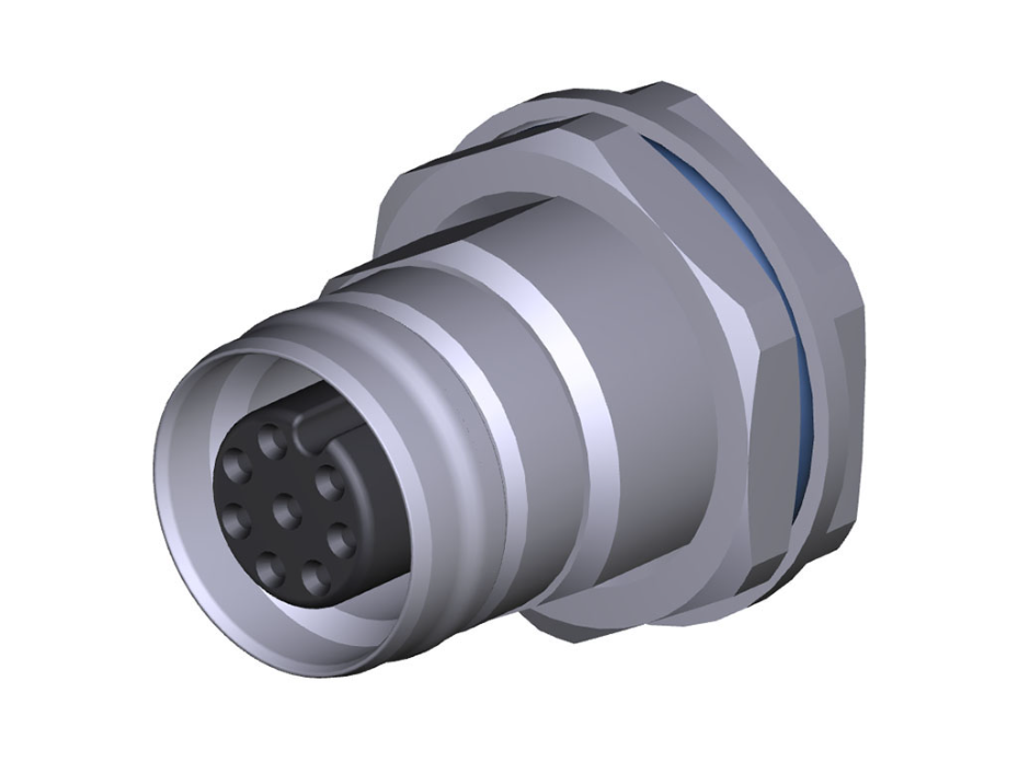 Ultra-Lock 2.0 (M12) Receptacle, 8 Poles, Female (Straight), A-Coded, Back Panel Mount, M16 Mounting Threads, PCB Pins