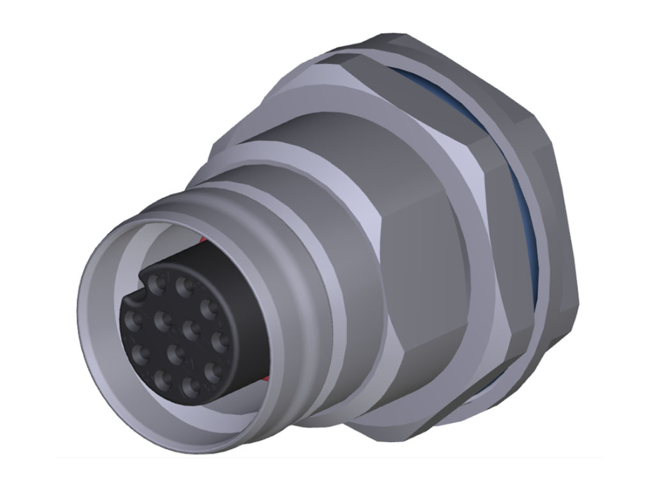 Ultra-Lock 2.0 (M12) Receptacle, 12 Poles, Female (Straight), A-Coded, Back Panel Mount, M16 Mounting Threads, PCB Pins