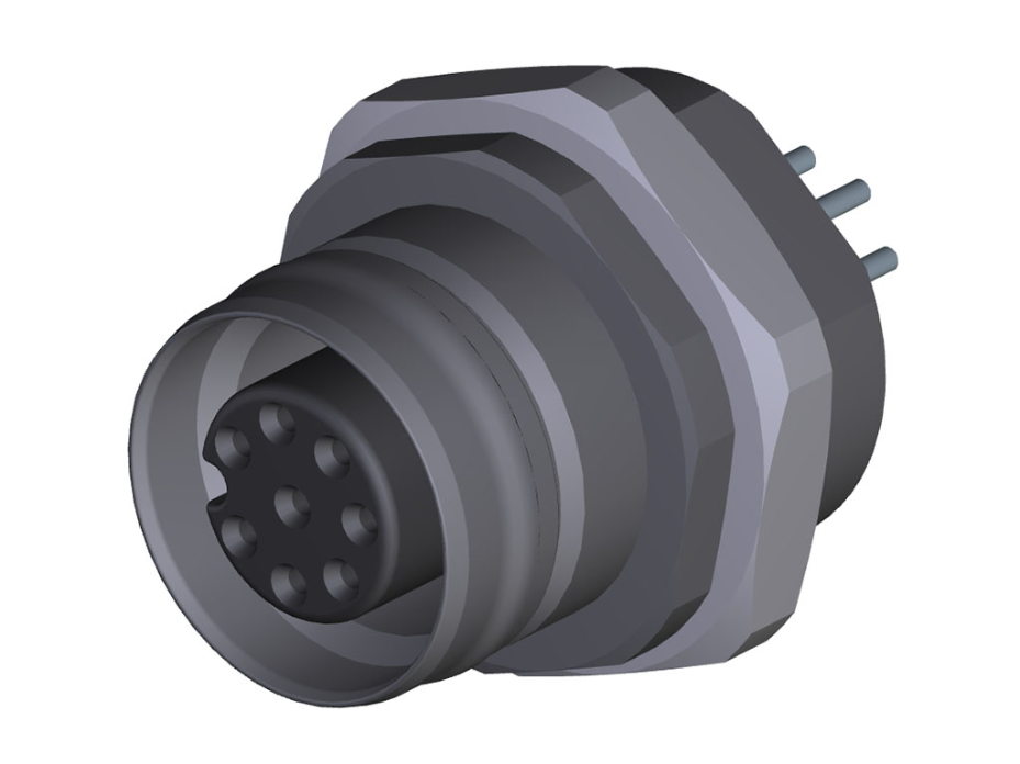 Ultra-Lock 2.0 (M12) Receptacle, 8 Poles, Female (Straight), A-Coded, Front Panel Mount, M16 Mounting Threads, PCB Pins