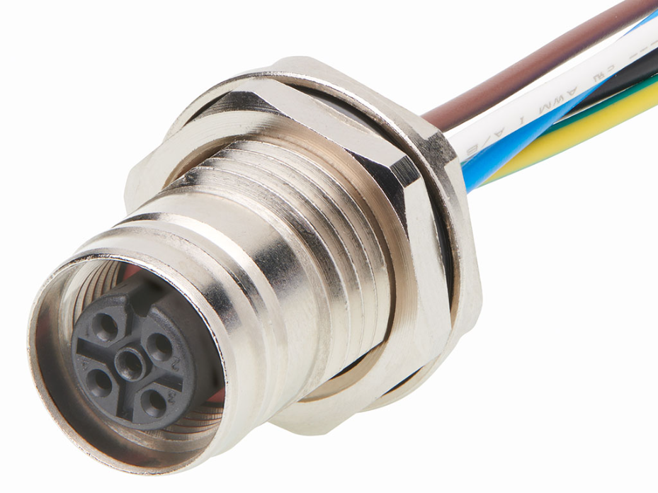 Ultra-Lock 2.0 (M12) Receptacle, 5 Poles, Female (Straight) to Leads, A-Coded, Back Panel Mount, M16 Mounting Threads, 0.50m (1.64') Length