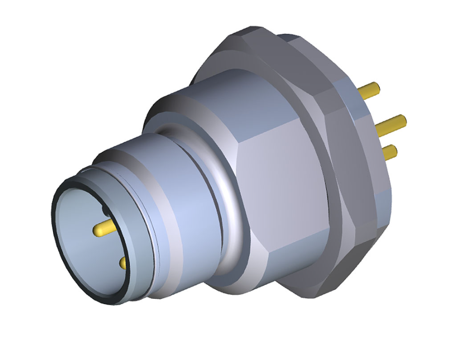 Ultra-Lock 2.0 (M12) Receptacle, 4 Poles, Male (Straight), A-Coded, Back Panel Mount, M16 Mounting Threads, PCB Pins