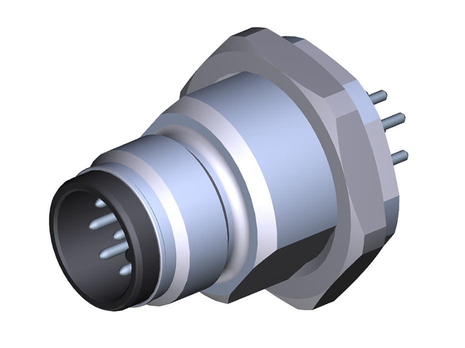 Ultra-Lock 2.0 (M12) Receptacle, 8 Poles, Male (Straight), A-Coded, Back Panel Mount, M16 Mounting Threads, PCB Pins
