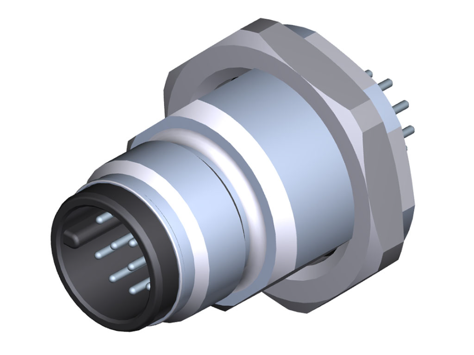 Ultra-Lock 2.0 (M12) Receptacle, 12 Poles, Male (Straight), A-Coded, Back Panel Mount, M16 Mounting Threads, PCB Pins
