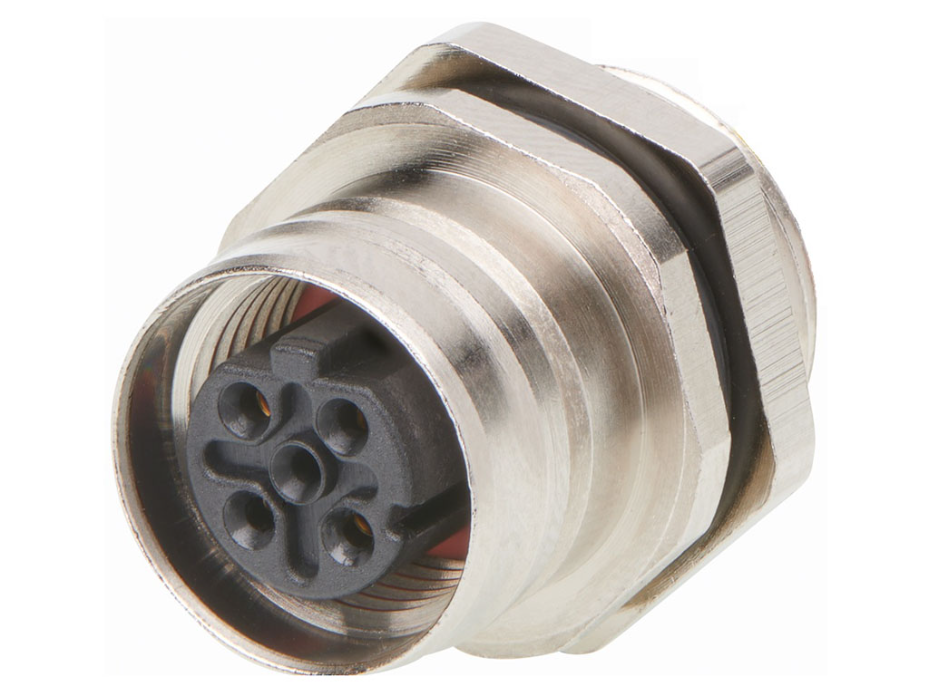 Ultra-Lock 2.0 (M12) Receptacle, 4 Poles, Female (Straight), D-Coded, Front Panel Mount, PG9 Mounting Threads, PCB Pins