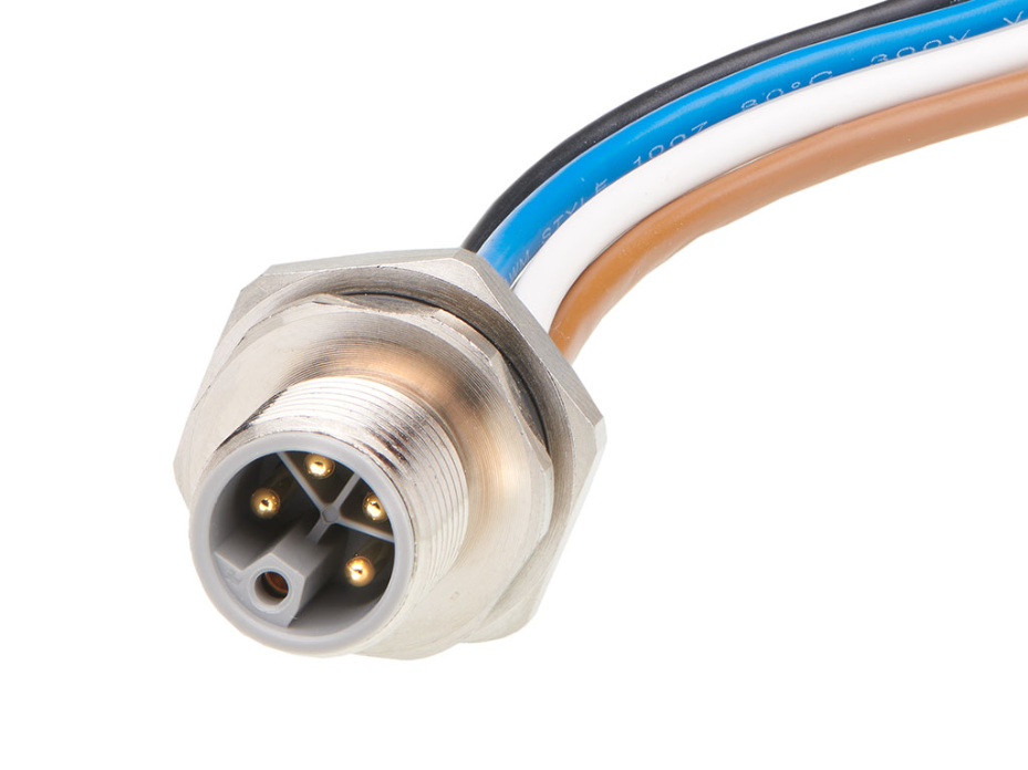 Micro-Change (M12) Receptacle, 5 Poles, L-Coded, M16x1.5 Threads, Male (Straight) to Leads, 0.50m (1.64') Length, 1.50mm² Wire, Front Panel Mount