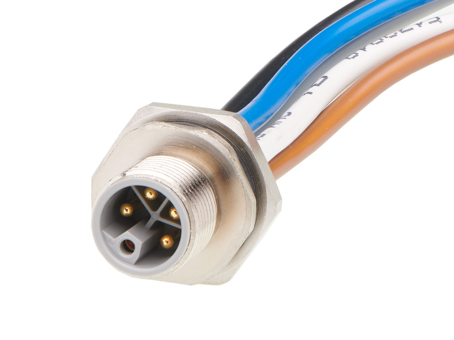 Micro-Change (M12) Receptacle, 5 Poles, L-Coded, M16x1.5 Threads, Male (Straight) to Leads, 0.50m (1.64') Length, 2.50mm² Wire, Front Panel Mount